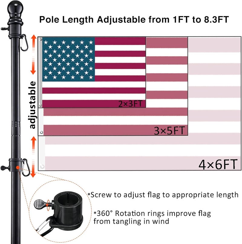 DonSail Black Flag Poles for Outside in Ground - 8.3ft Flag Pole for House with 2 Pronges Base - Stainless Steel Flag Pole Kit with 3x5FT American Flag for Yard Residential Commercial - Image 5
